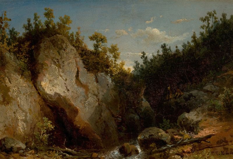 Paisaje con figuras en rocas de montaña, óleo sobre lienzo de Carl August Sommer