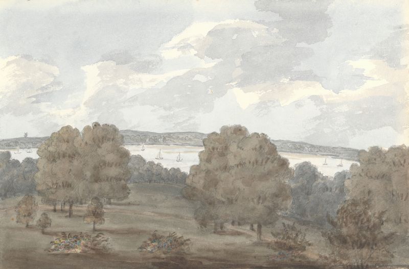 Watercolour by Anne Rushout showing vibrant foliage outside a window