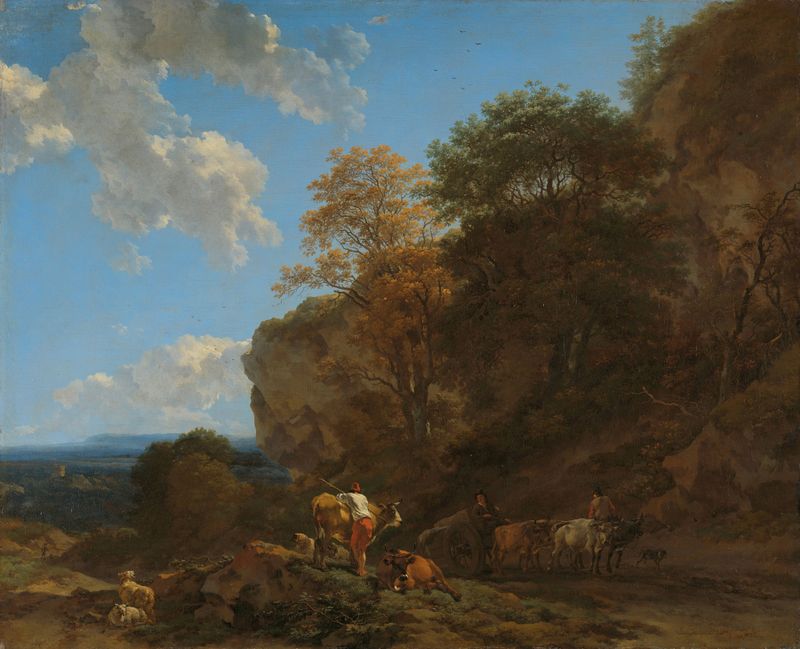 Italian Landscape by Nicolaes Pietersz Berchem, oil on canvas depicting lush fields and golden light.