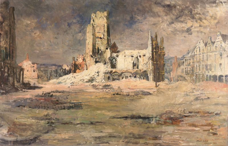 The Arras Belfry de Fernand Sabatté, pintura a óleo que retrata uma torre histórica