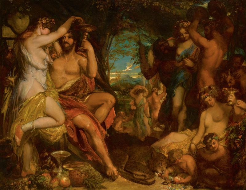 A Bacchanalian Revel de William Etty, óleo que muestra figuras entrelazadas en una celebración colorida.