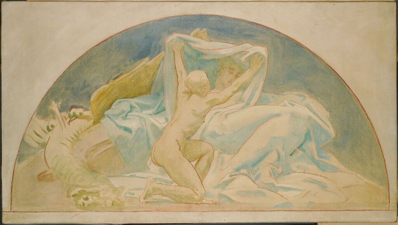 Pintura figurativa al óleo de John Singer Sargent con figuras etéreas y drapeados fluidos.