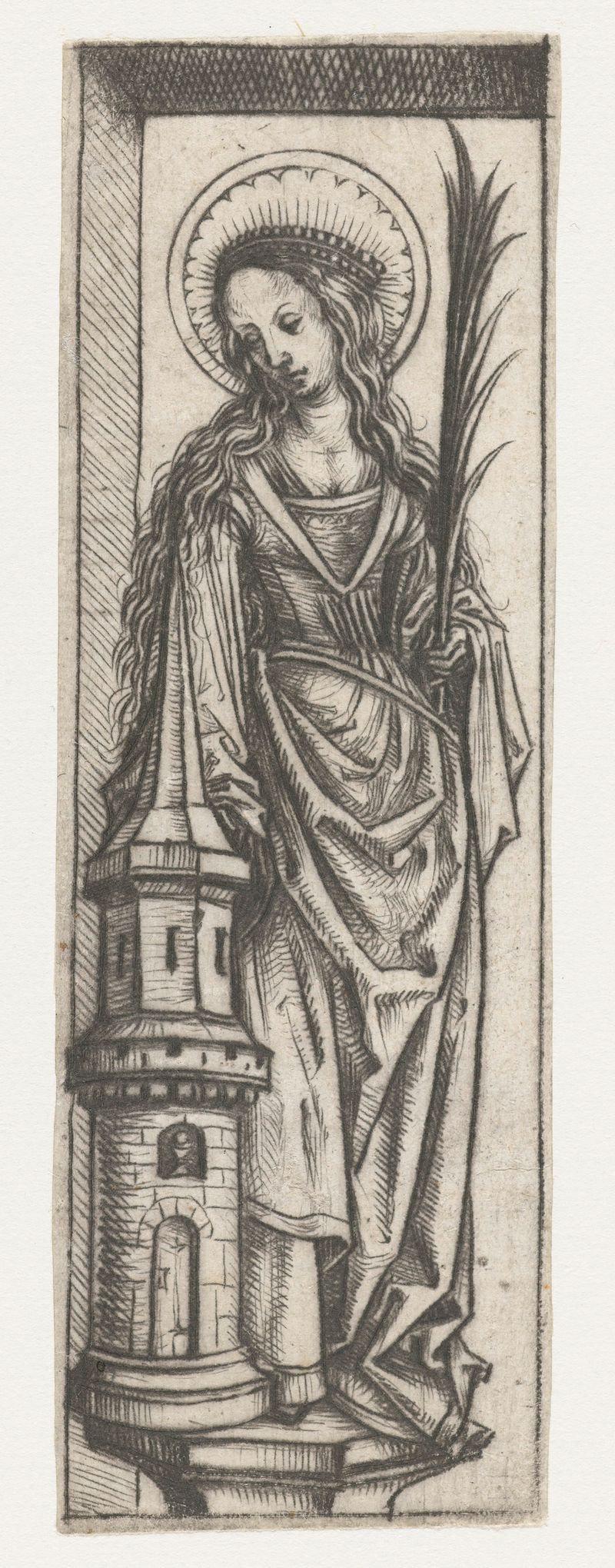 Heilige Barbara de Meester van het Amsterdamse Kabinet, drypoint, representando a una santa con túnicas vibrantes y expres...