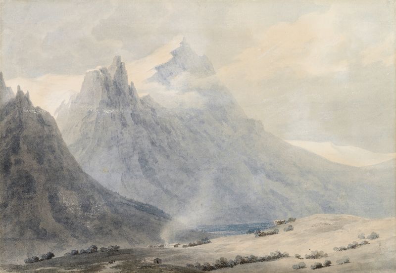 Valley landscape with hills and sky, watercolor by John Robert Cozens