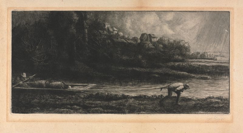 Paisagem com um barco em um rio, óleo sobre tela de Alphonse Legros