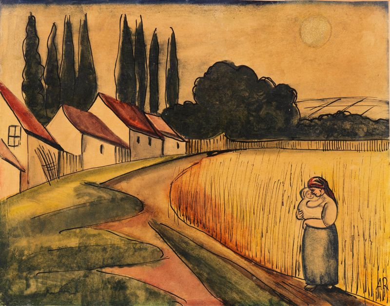 Pintura figurativa de Anita Rée, Bäuerin mit Kind, mostrando uma mãe abraçando seu filho.