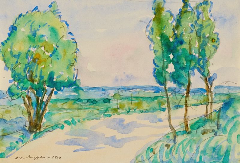 Paisaje con un camino sinuoso y vegetación exuberante de Donald Shaw MacLaughlan, pintura al óleo