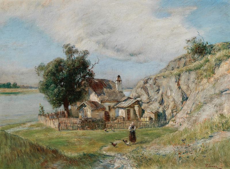 Landscape with a cabin by a river, oil painting by Rudolf Ribarz