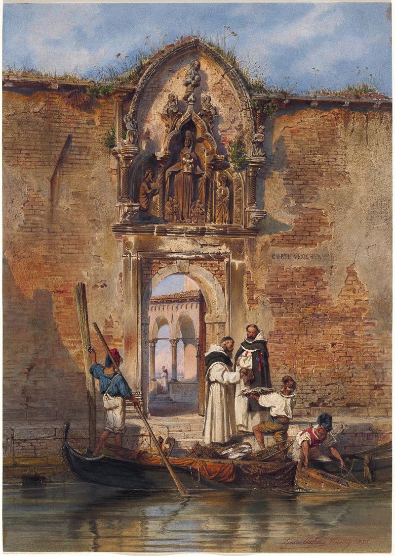 Oil painting by Ludwig Johann Passini depicting monks buying fish at a market