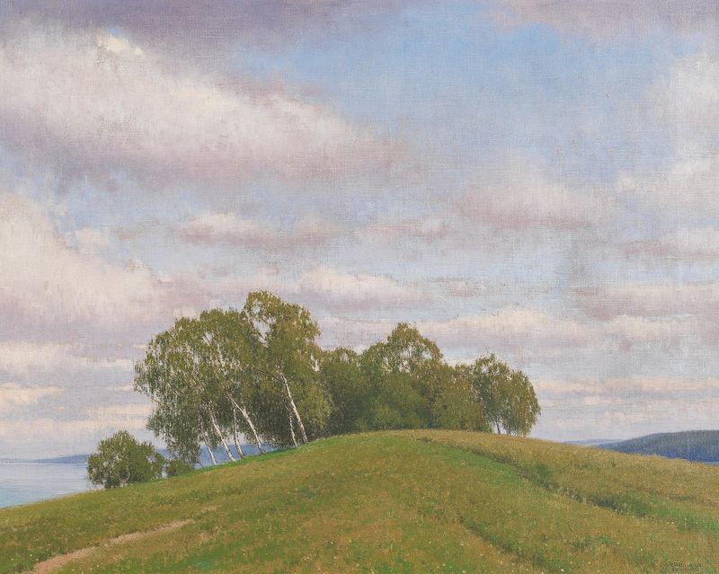 Kühler Sommertag by Ferdinand Brunner, oil on canvas depicting a tranquil meadow.