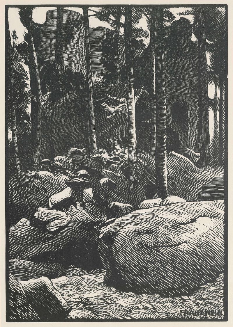 Ruine im Wald, óleo sobre lienzo de Franz Hein, que representa ruinas en un entorno forestal.