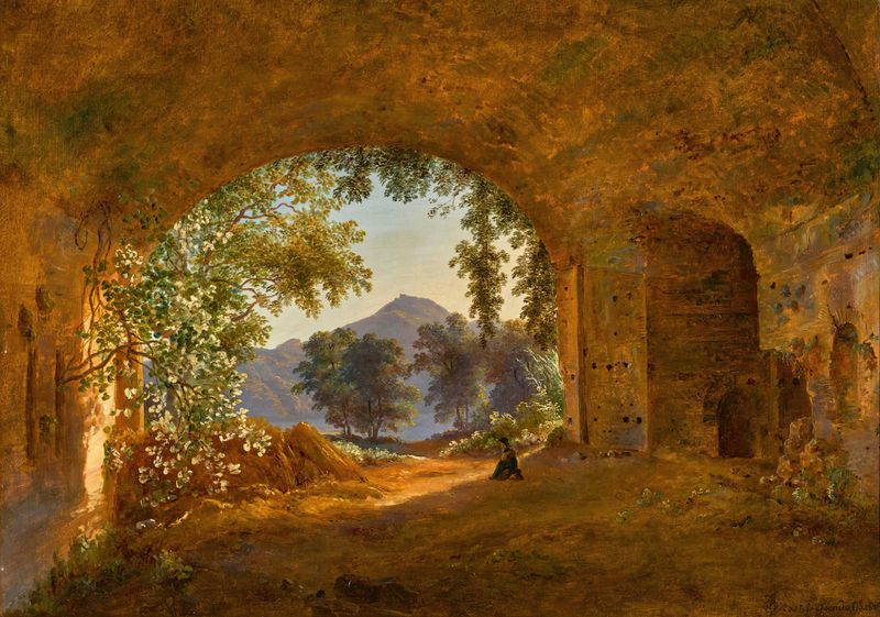 Uma gruta com Castel Gandolfo ao fundo, pintura a óleo de Louise-Joséphine Sarazin de Belmont