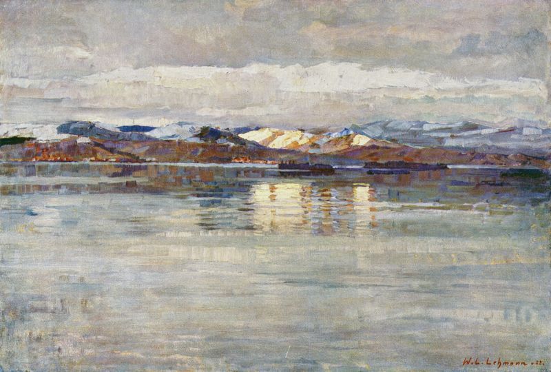 Winterstimmung am Zürichsee, oil on canvas by Wilhelm Ludwig Lehmann depicting a serene winter lake scene.