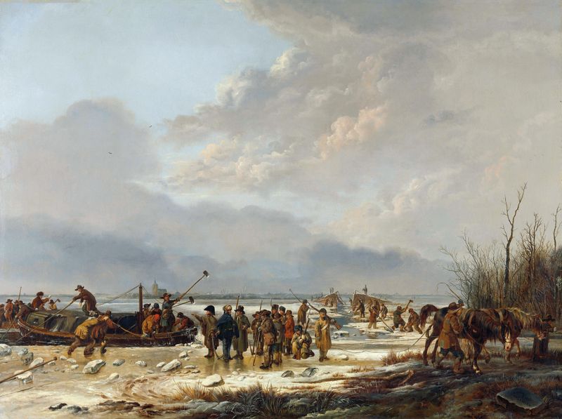 Frozen landscape with figures breaking ice, oil painting by Pieter Gerardus van Os