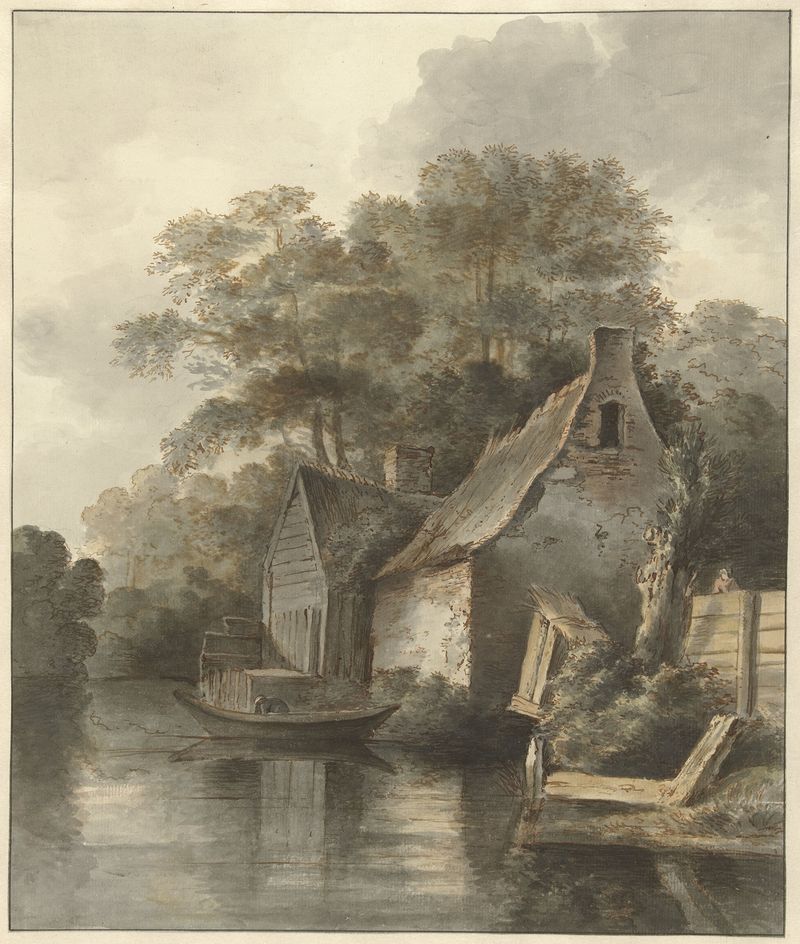 Paisaje con casas a lo largo de un canal, óleo de Daniël Kerkhoff