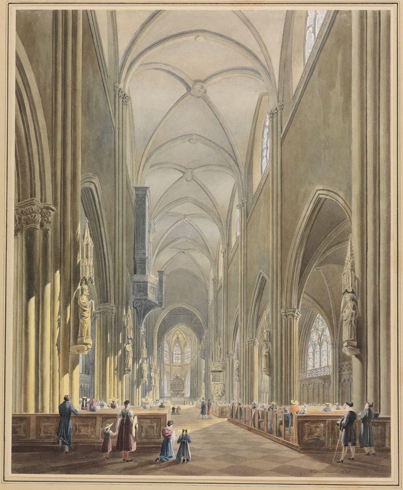 Interior of a cathedral with stained glass by Carl Ludwig Frommel