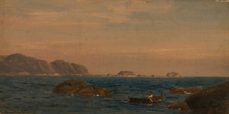 Paisagem que retrata o crepúsculo e cores suaves de Amaldus Nielsen, pintura a óleo