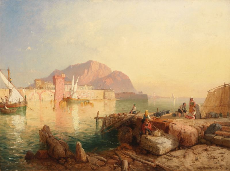Marine landscape of The Bay of Palermo by James Baker Pyne, oil painting