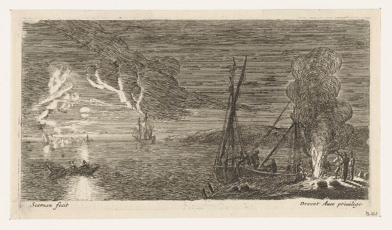 Grabado de Unknown Artist que muestra a pescadores junto a un fuego por la noche
