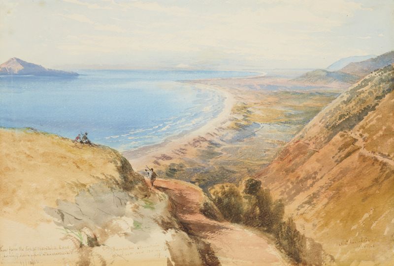 Paisaje de Horokiwi Road mirando hacia Paekakariki por Nicholas Chevalier, pintura al óleo
