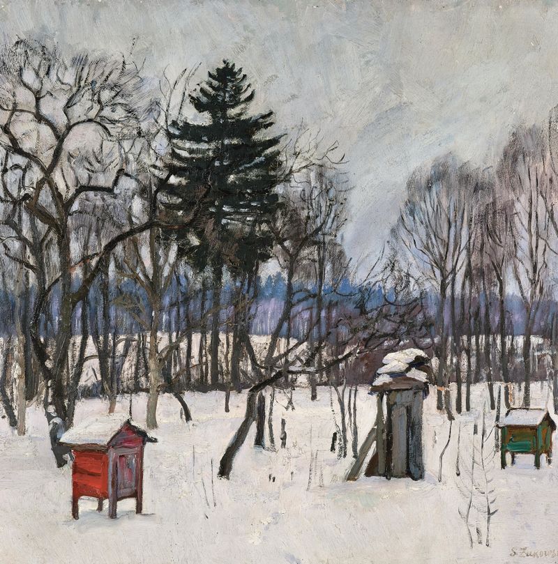 Invierno óleo de Stanislav Yulianovich Zukovsky que representa un paisaje nevado sereno.