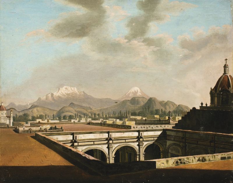 Paisagem com vulcões e céu ao crepúsculo de Pietro Gualdi, pintura a óleo