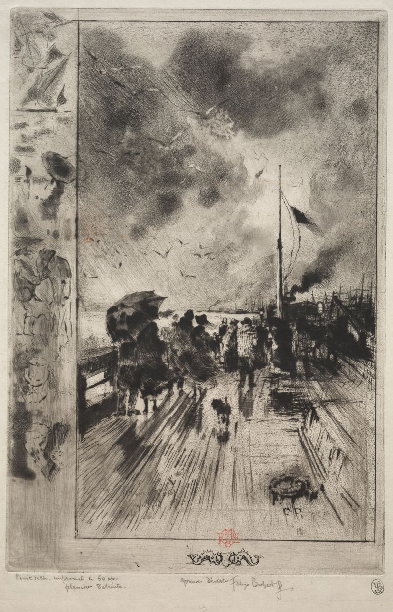 Etching by Félix Hilaire Buhot depicting a serene landscape with twilight reflections on water.