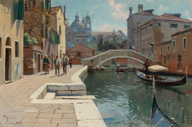 Canal In Venice de Peder Mørk Mønsted, óleo sobre lienzo que muestra reflejos en el agua y luz solar.