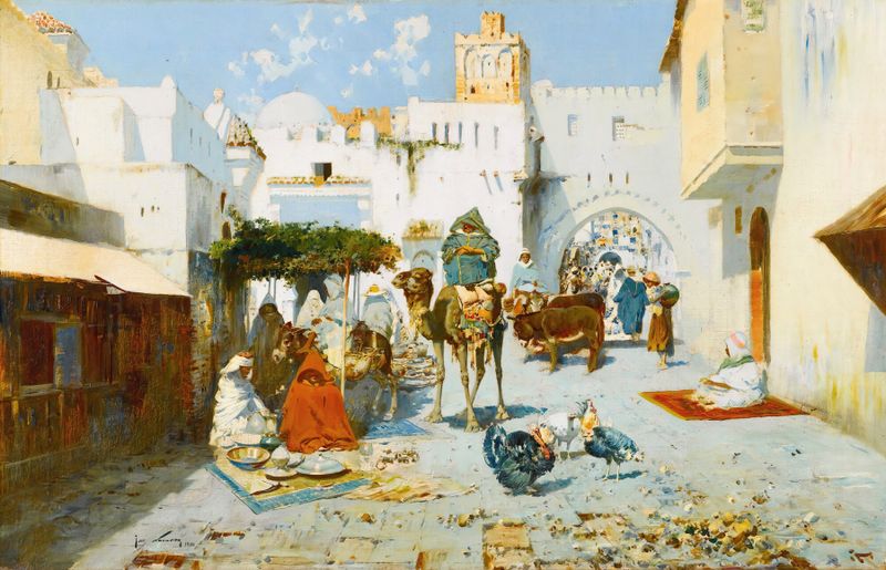 The Souk by José Navarro y Llorens, impressionism, vibrant market scene