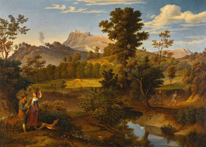 Landscape Near Paliano by Joseph Anton Koch, oil on canvas depicting a gnarled tree and muted sky.