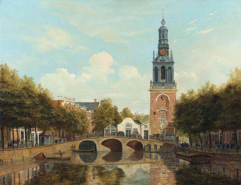 Oil painting of The Torensluis and Jan Roodenpoortstoren in Amsterdam by Hendrik Gerrit ten Cate