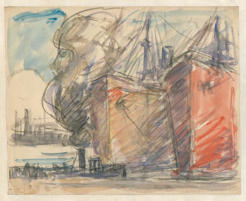 Pintura a óleo realista de Eugeen Van Mieghem retratando barcos em um porto