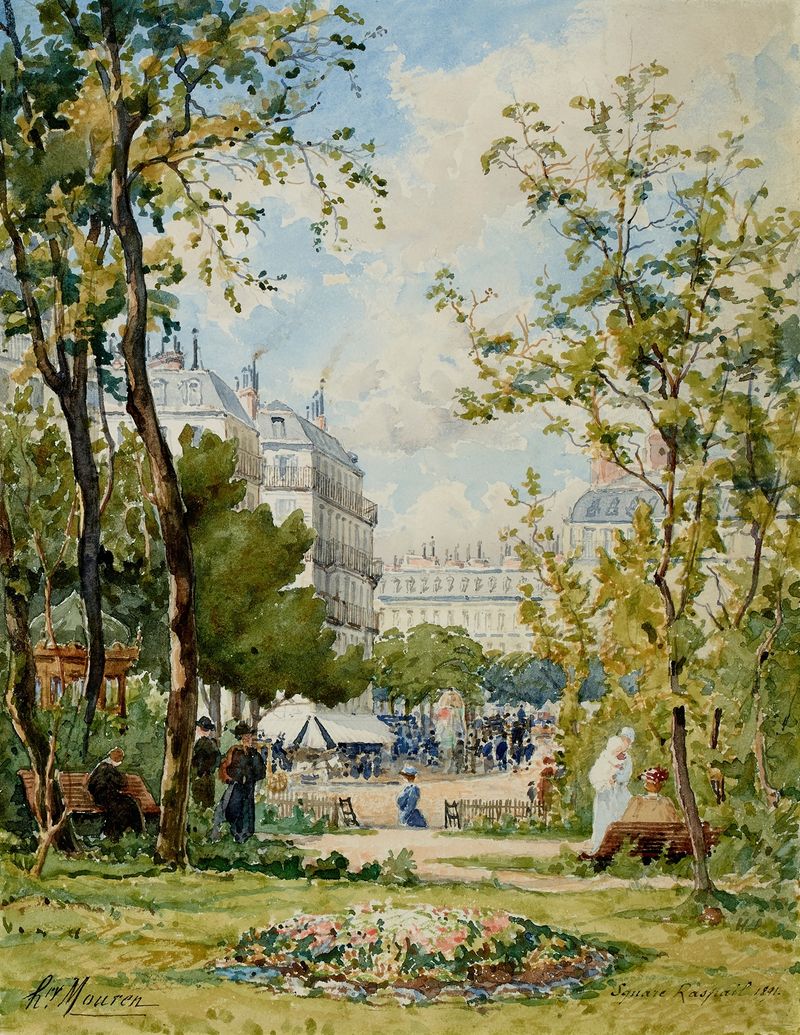 Square Raspail by Henri Laurent Mouren, oil painting depicting a lively Parisian square with vibrant colors.