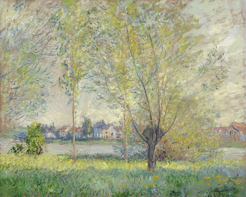Los Sauces de Claude Monet, óleo sobre lienzo que muestra ramas de sauce y luz moteada.