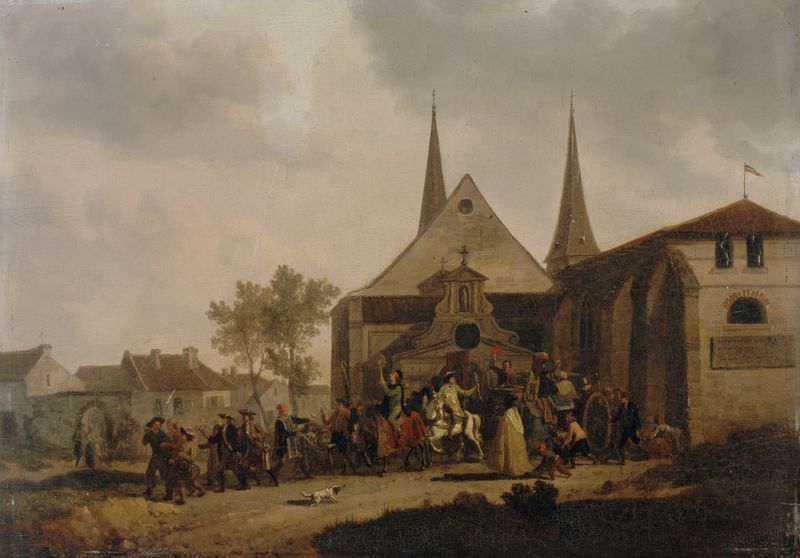 Historical scene of church ruins by Jacques François Joseph Swebach-Desfontaines, oil painting