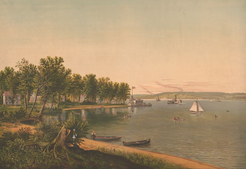 Lithograph by Strobridge & Co. Lith. depicting Chauhauqua Lake with tranquil waters and nature.