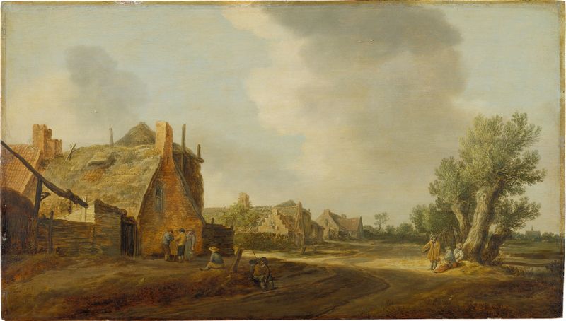 Village Street de Jan van Goyen, pintura a óleo que retrata uma cena serena de vila com tons terrosos.