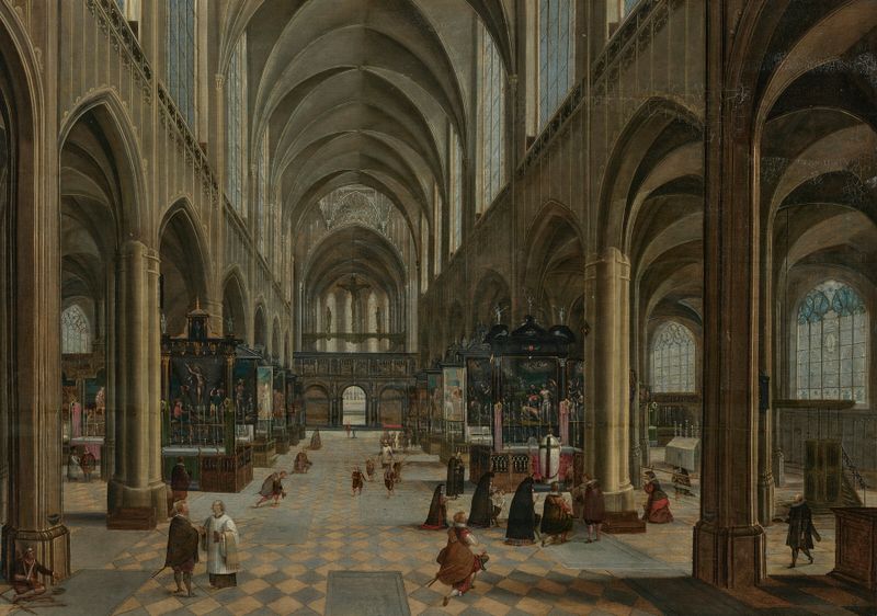 Interior of Antwerp Cathedral with figures attending a Mass, oil painting by Hendrick Van Steenwijk The Elder