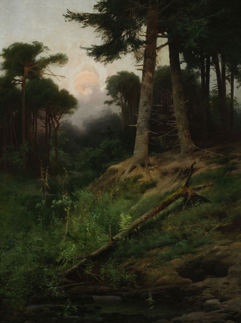 Forest landscape at sunrise by Tadeusz Popiel, oil painting