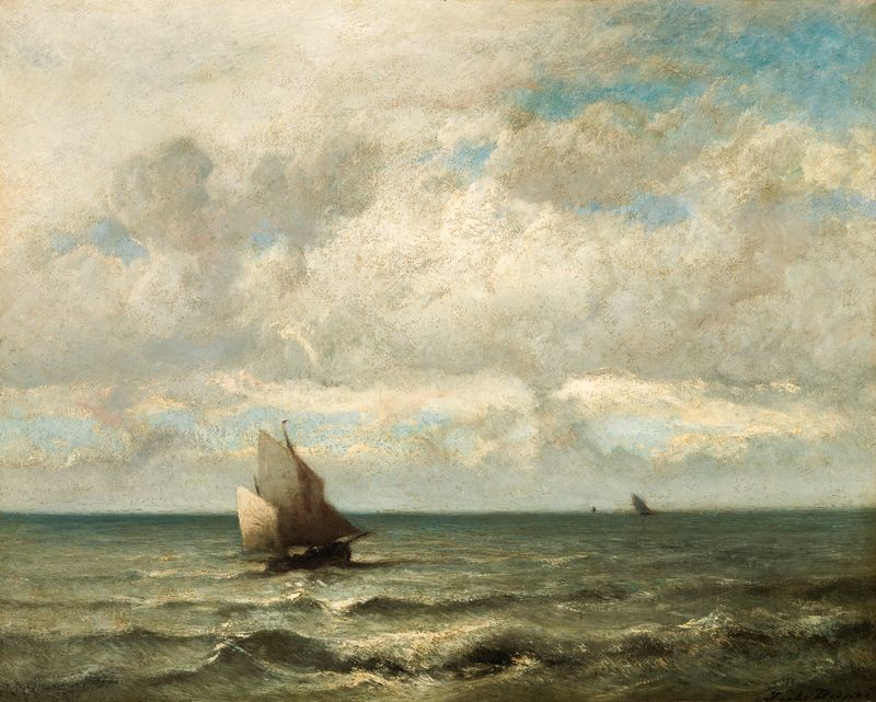 Pintura de mar al óleo de Jules Dupré que muestra olas tumultuosas y luz.