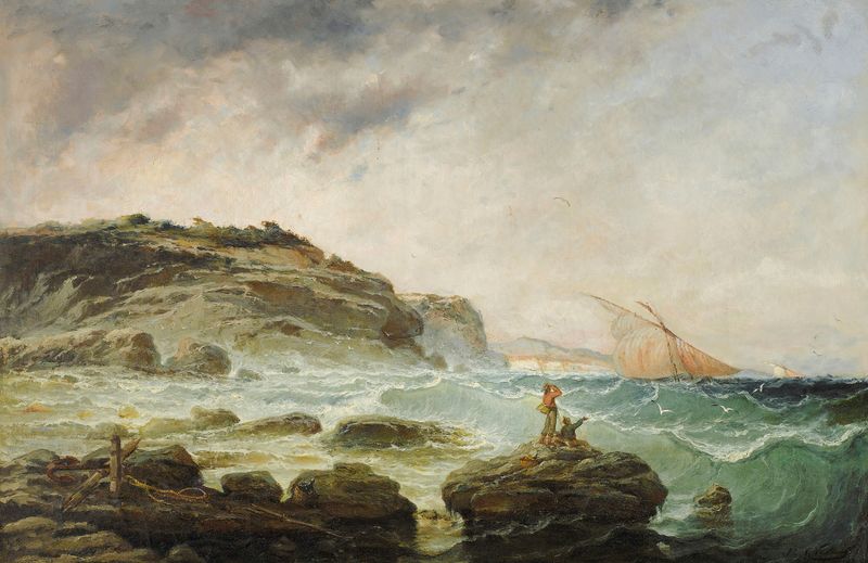 Rough sea around Marseille, óleo sobre lienzo de Jean-Baptiste Olive, mostrando olas tumultuosas y costa rocosa.