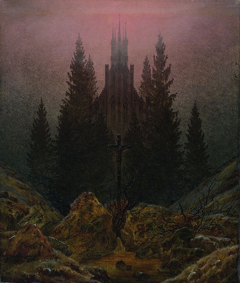 Oil painting by Caspar David Friedrich depicting a white cross in a mountainous landscape at dawn.