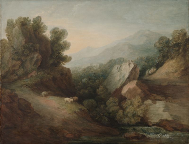 Rocky, Wooded Landscape with a Dell and Weir de Thomas Gainsborough, pintura al óleo