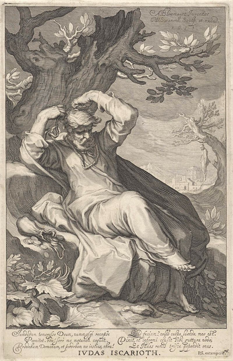 Grabado de Willem Isaacsz. van Swanenburg que representa a Judas Iscariote colgando en tonos sombríos.