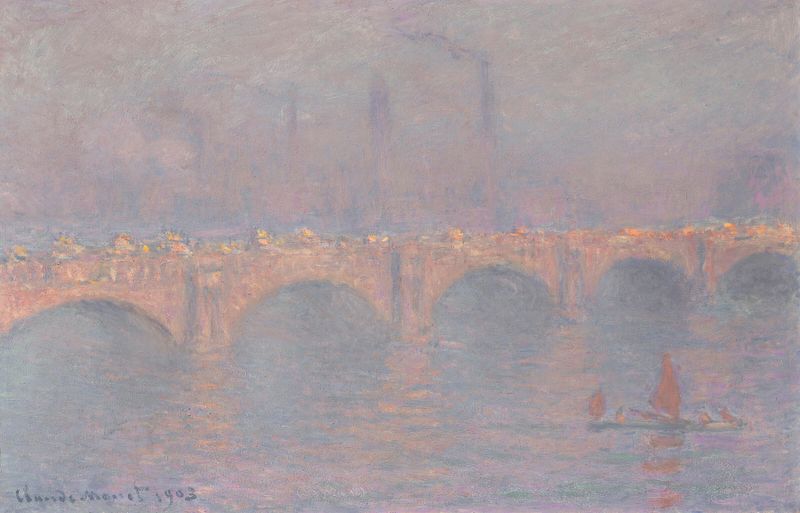 Pintura a óleo de Waterloo Bridge por Claude Monet, apresentando crepúsculo e cores suaves