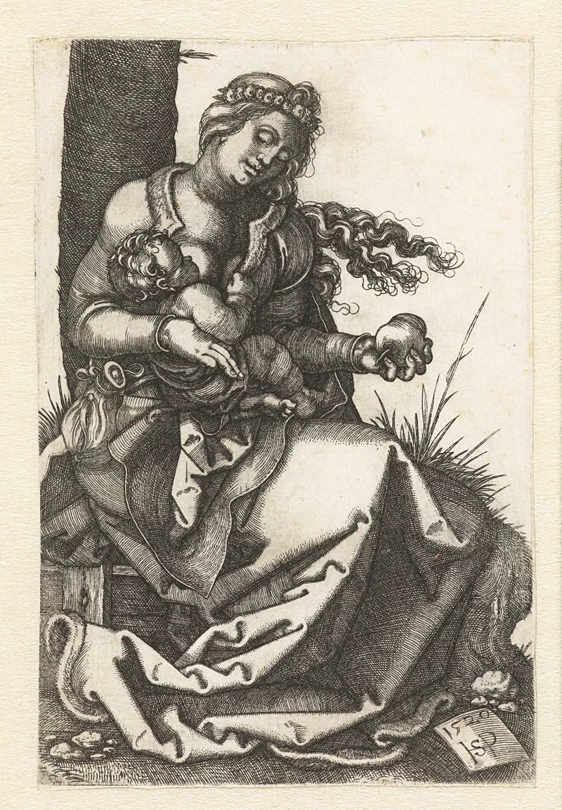 Gravura de Hans Sebald Beham de uma mulher segurando seu filho.