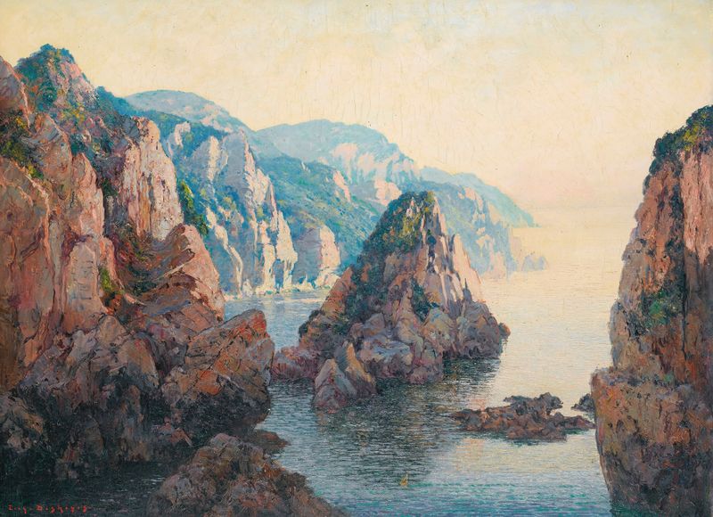 Landscape depicting cliffs and sea by Eugène-François-Adolphe Deshayes, oil painting