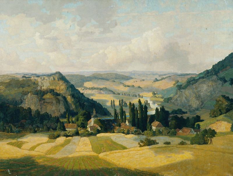 Landschaft Werratal de Richard Kaiser, óleo sobre lienzo que representa un sereno paisaje forestal con luz filtrándose ent...