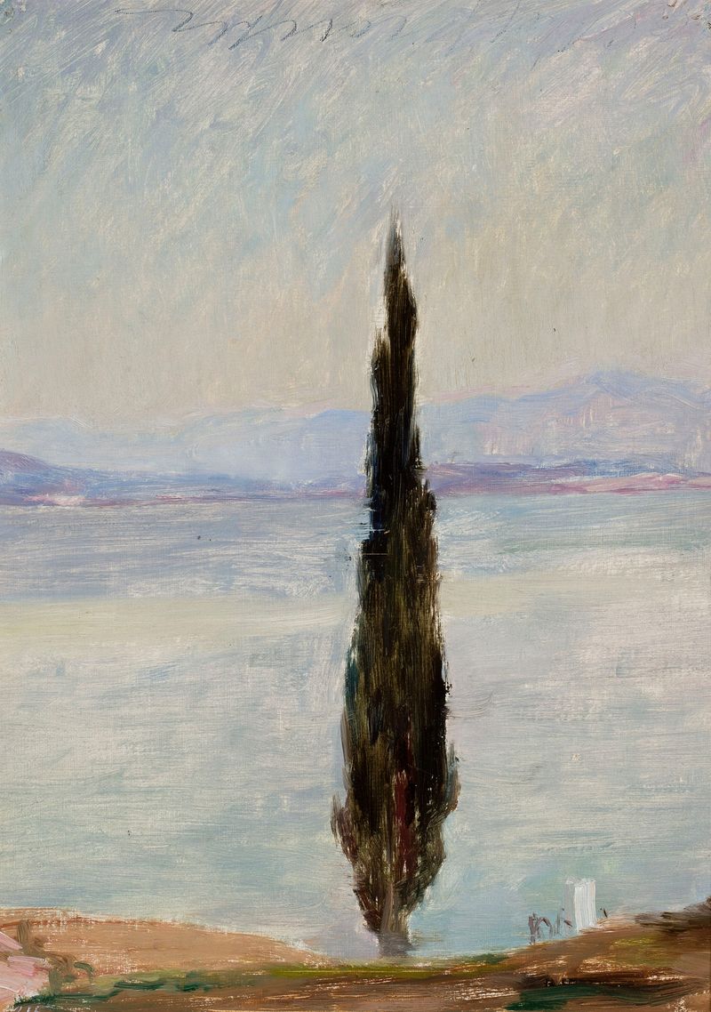 Paisaje de cipreses de Jan Ciągliński, pintura al óleo
