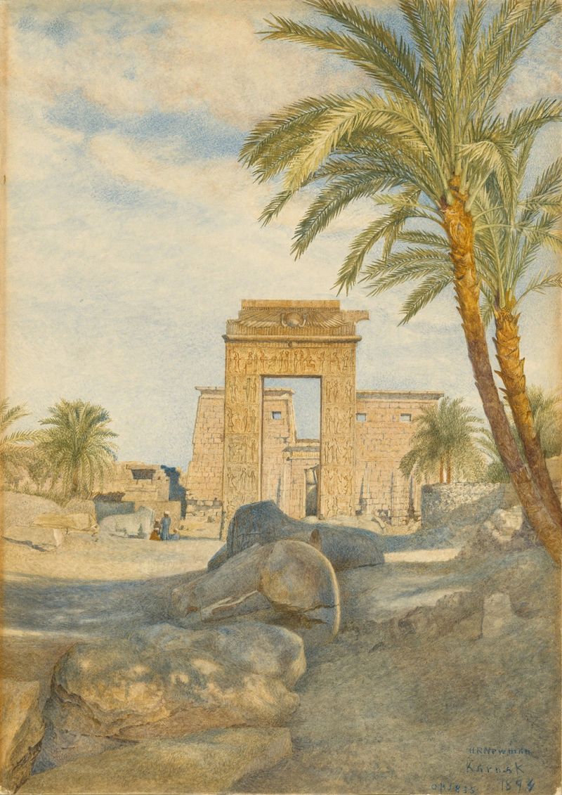 The Temple at Karnak, oil on canvas by Henry Roderick Newman, featuring ancient columns and a vibrant sky.